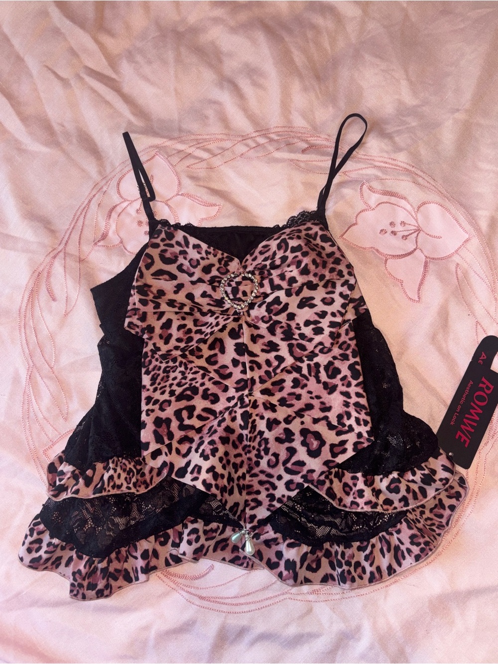 ROMWE Pink and Black Leopard Print Lace-Trim Cami